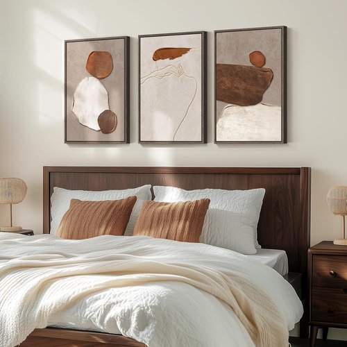 Framed Neutral Abstract Wall Art by [Brand Name] - 3-Piece Earth Tones Canvas Prints for Living Room | 16x24 Inch
