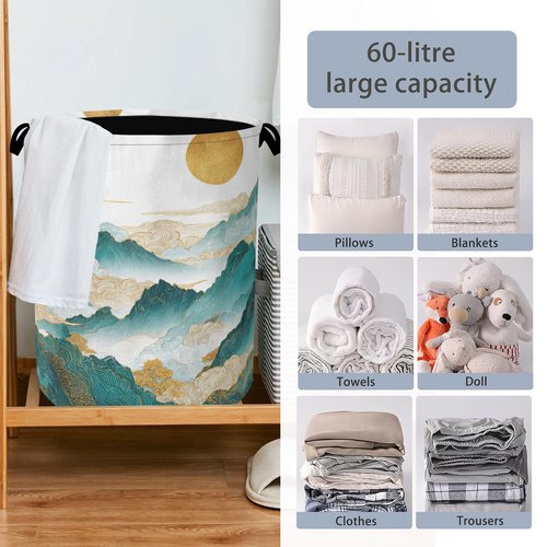 Abstract Mountains Laundry Basket,Golden Sun Foldable with Handles Tote Bag Oxford Cloth for Bathroom Bedroom Dirty Clothes Storage Bucket 16" x 20.8"
