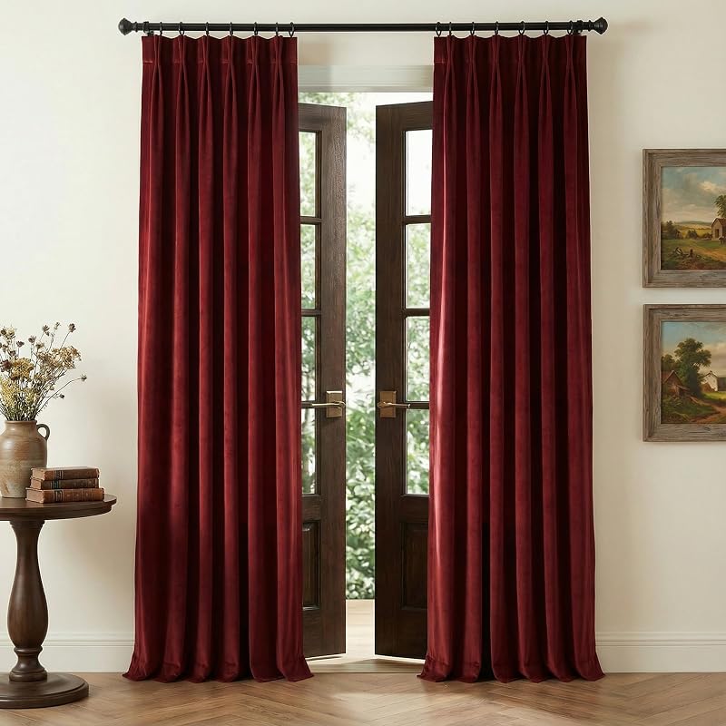 NICETOWN Pinch Pleat Velvet Blackout Curtains 96 In Long - Red 2 Panels, 40"W x 96"L