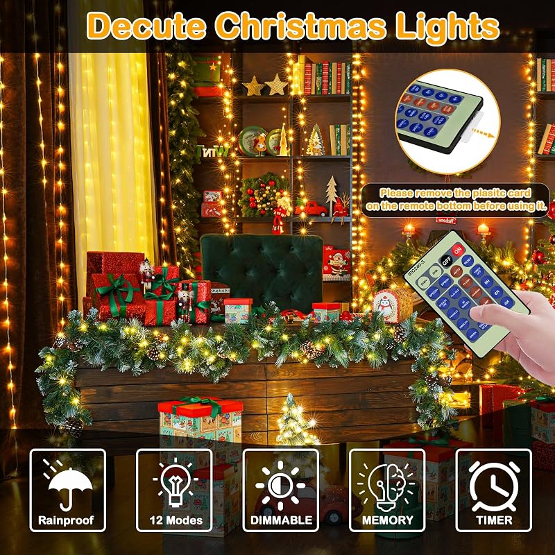 Decute 300LED 99FT Green Wire Christmas String Lights with Remote - Dimmable, UL Listed