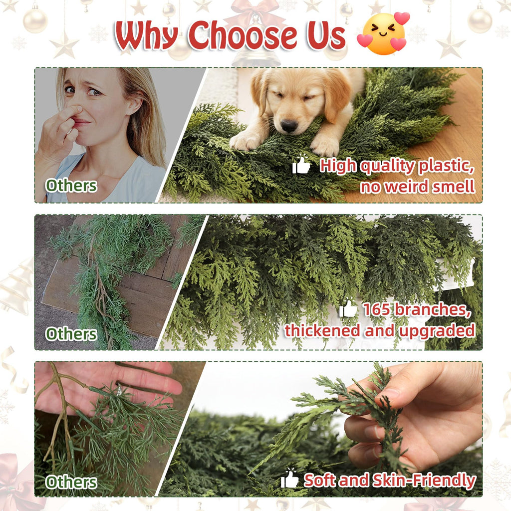 F.ZEGAO 6FT Christmas Cedar Garland Thick & Lush, Real Touch Faux Greenery Christmas Garland for Mantle, Fireplace, Porch, Outdoor & Indoor Holiday Decorations, Not Include Light String (1 Pcs)