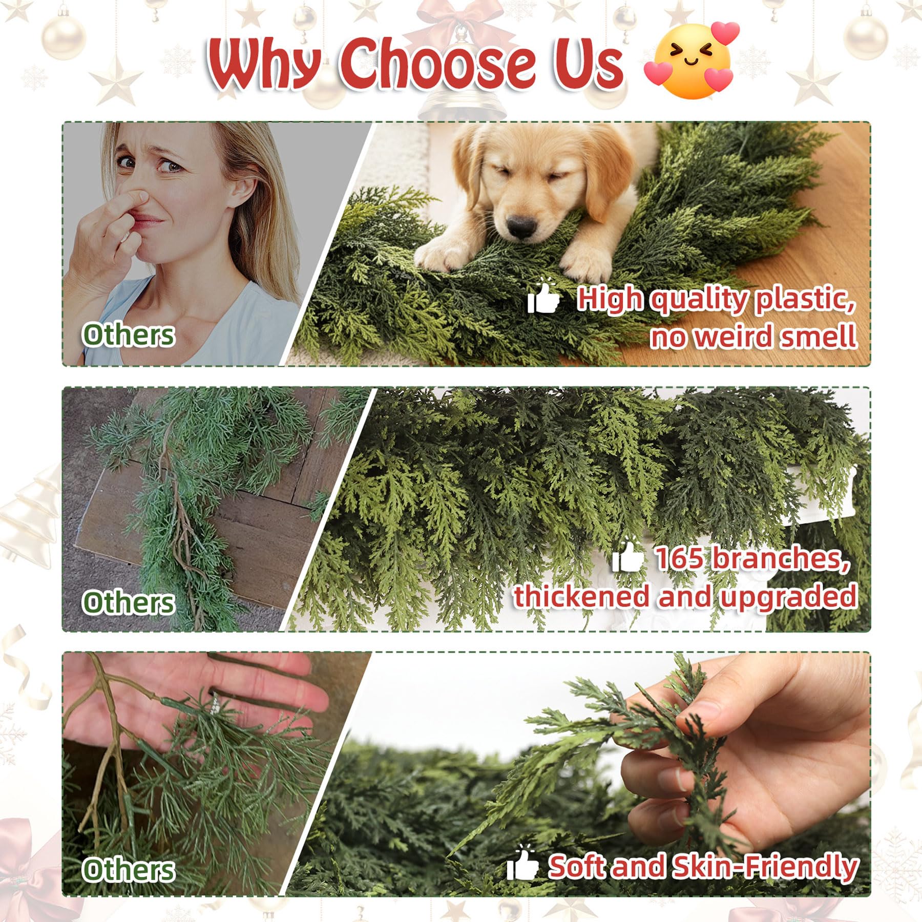 F.ZEGAO 6FT Christmas Cedar Garland Thick & Lush, Real Touch Faux Greenery Christmas Garland for Mantle, Fireplace, Porch, Outdoor & Indoor Holiday Decorations, Not Include Light String (1 Pcs)