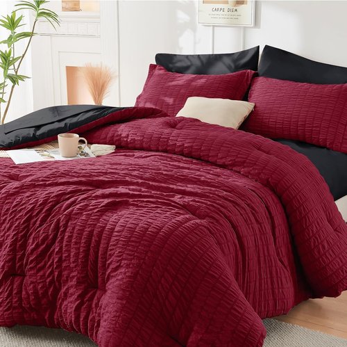 HYMOKEGE Twin Comforter Set - Red & Black Seersucker 5-Piece Luxury Bedding Set | All-Season Comfort