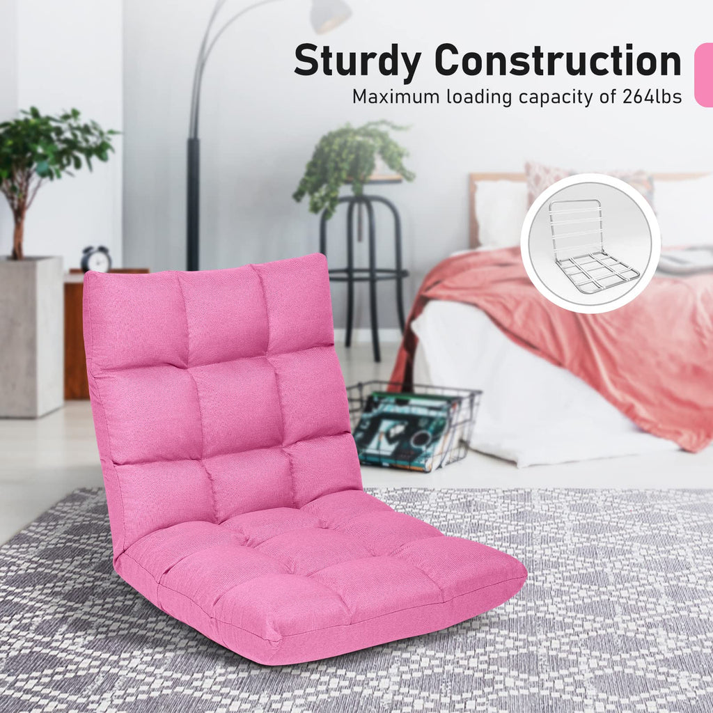 COSTWAY Floor Chair, Folding Gaming Chair with Back Support, 14 Adjustable Positions, Alloy Steel Frame, Lazy Sofa Lounge for Playing Reading Meditating Room Recliner for Adults, Kids (Pink)