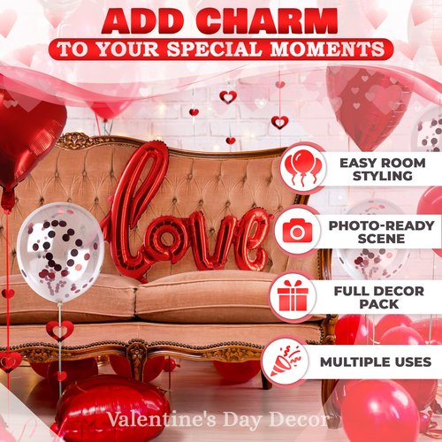 Romantic Balloon Decoration Kit with 42" LOVE Letters & Heart Balloons - Proposal, Engagement, Wedding & Anniversary Room Decoration Set with Hanging Hearts & Rose Petals - Complete Romantic Setup