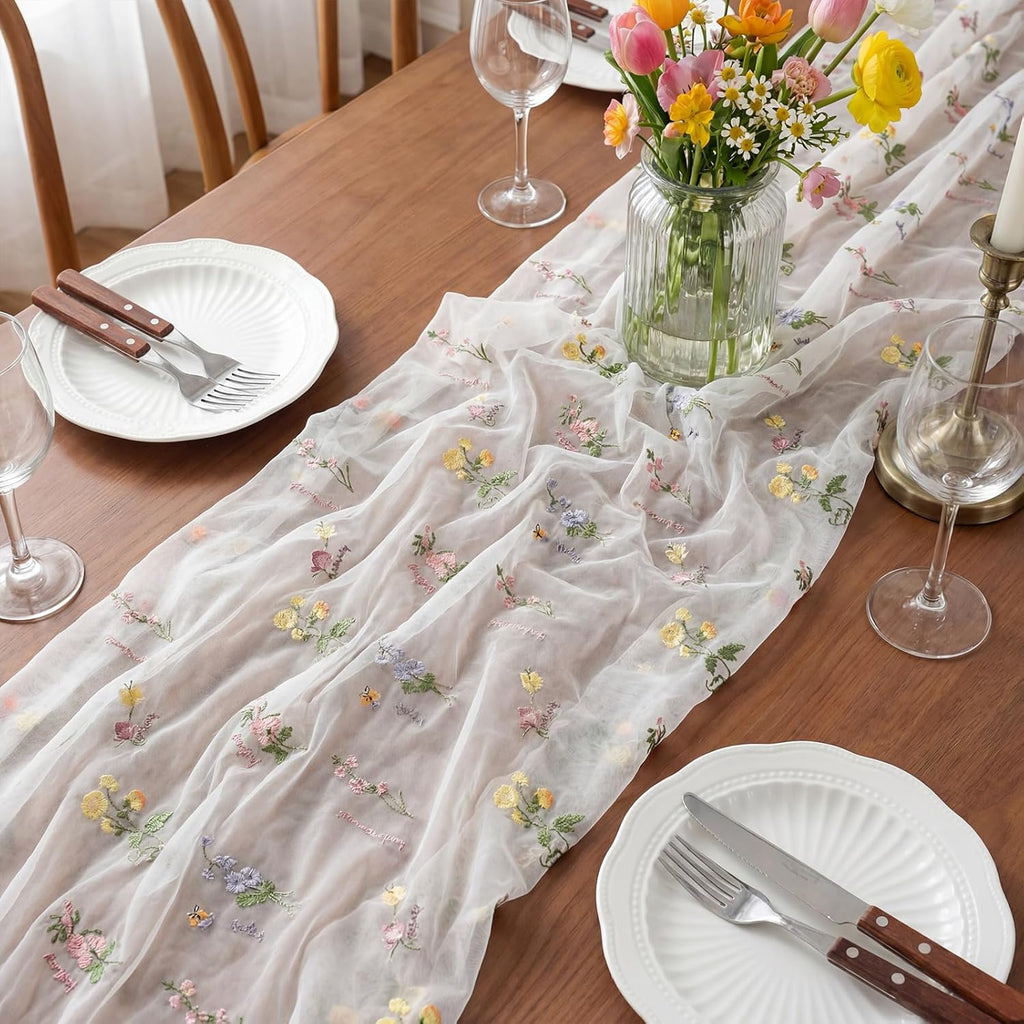 Remagr Floral Table Runner - 9.8 ft Embroidered Tulle for Home Decor, Weddings & Parties