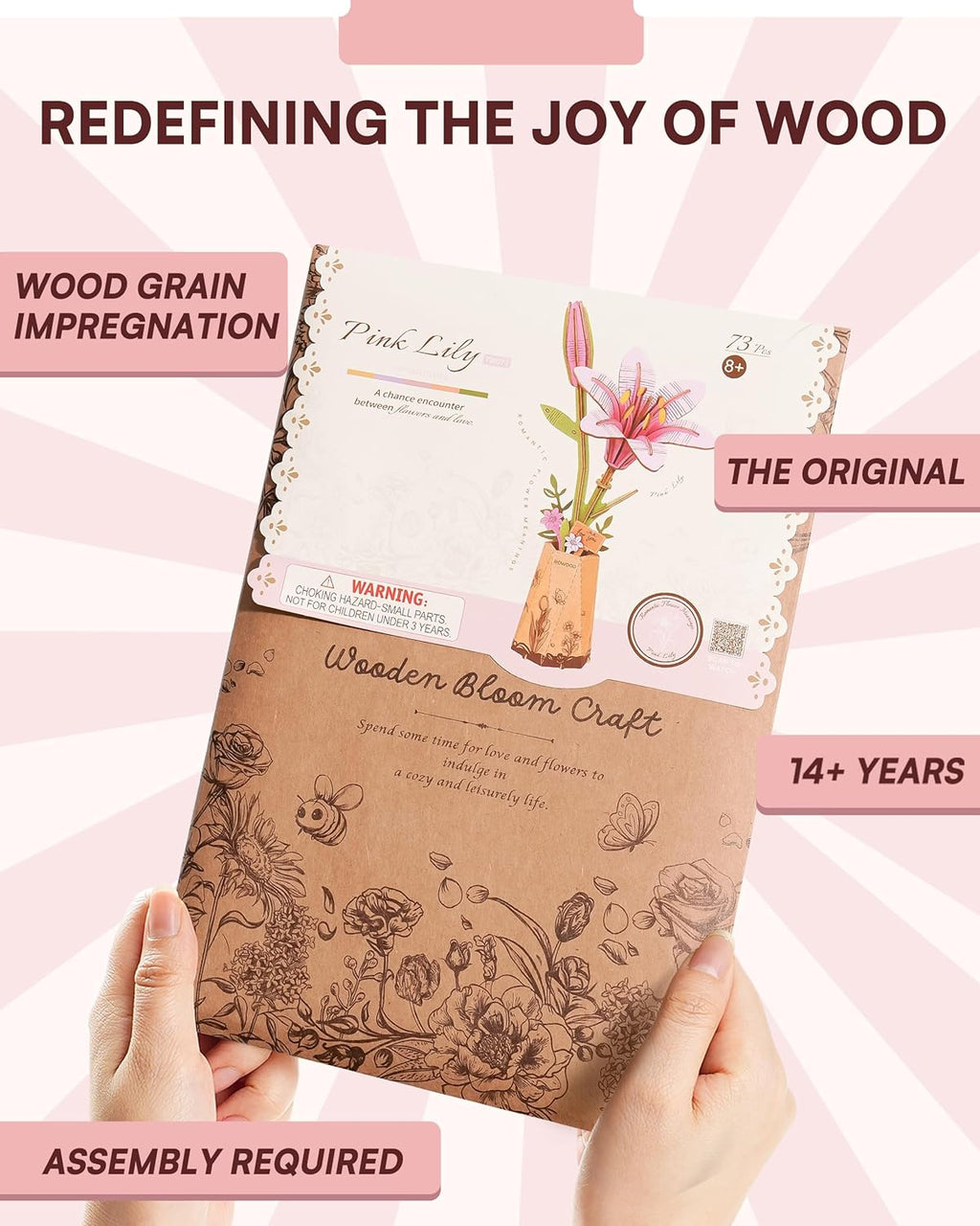 Skiennix 3D Flower Wooden Puzzle - Pink Lily DIY Model Kit for Adults | Creative Gift for Mother's Day (73 PCS)