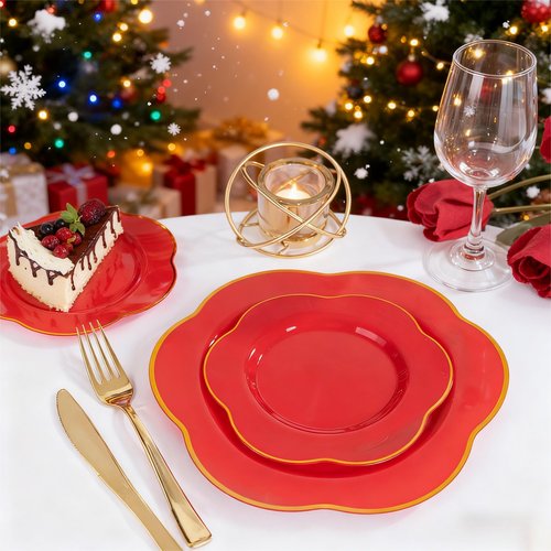 Liacere 100PCS Red Plastic Plates - 50 Guests Red and Gold Disposable plastic plates Heavy Duty - 50 Dinner (10.25") 50 Dessert (7.5") Plate - BPA-Free Food - Safe for Party & Valentine's Day