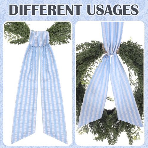 Blue Wreath Sash - 2 Pcs Stripe Embroidery Monogram Decor | 60 Inch Seersucker for Home & Baby Shower