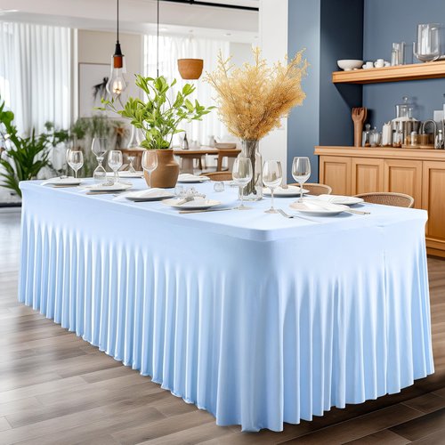 4 Packs Baby Blue Table Clothes for 6 Foot Rectangle Tables, One-Piece Wrinkle Resistant Stretch Spandex Table Covers with Skirt for Event Banquet Wedding Birthday Party