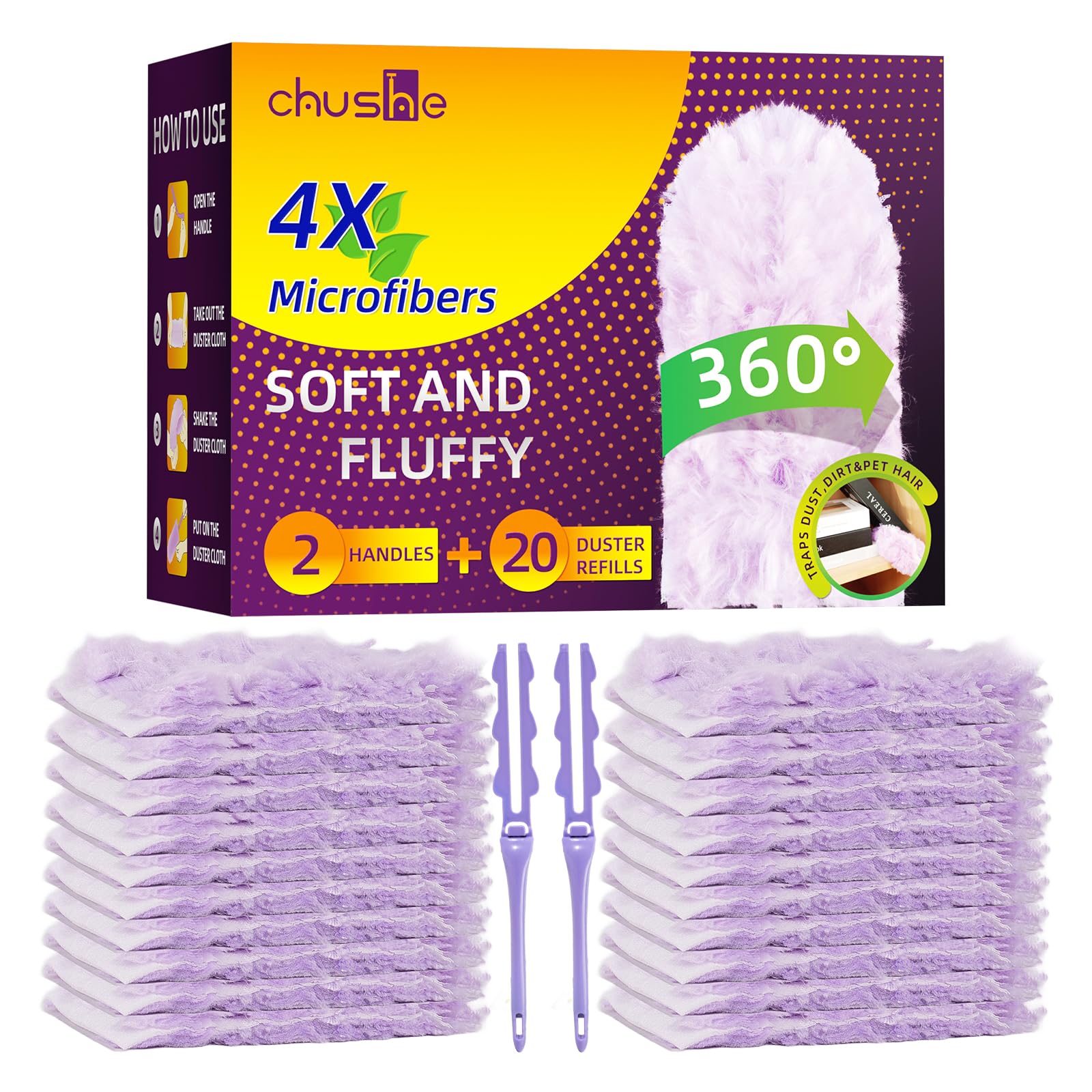Chushe Duster Refills Compatible with Swiffer, 20 Count with 2 Handles, Heavy Duty 360° 4X Microfiber Stay-On Pads, Unscented Disposable Duster for Home Pet Hair Blinds Ceiling Fans Cleaning