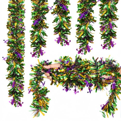 YVAINE 5 Pcs Mardi Gras Tinsel Garland Sparkling Decorations,32.5 Ft Gold Green Purple Glitter Metallic Streamers Hanging Decorations,New Orleans Parade Car Party Supplies Carnival Accessories