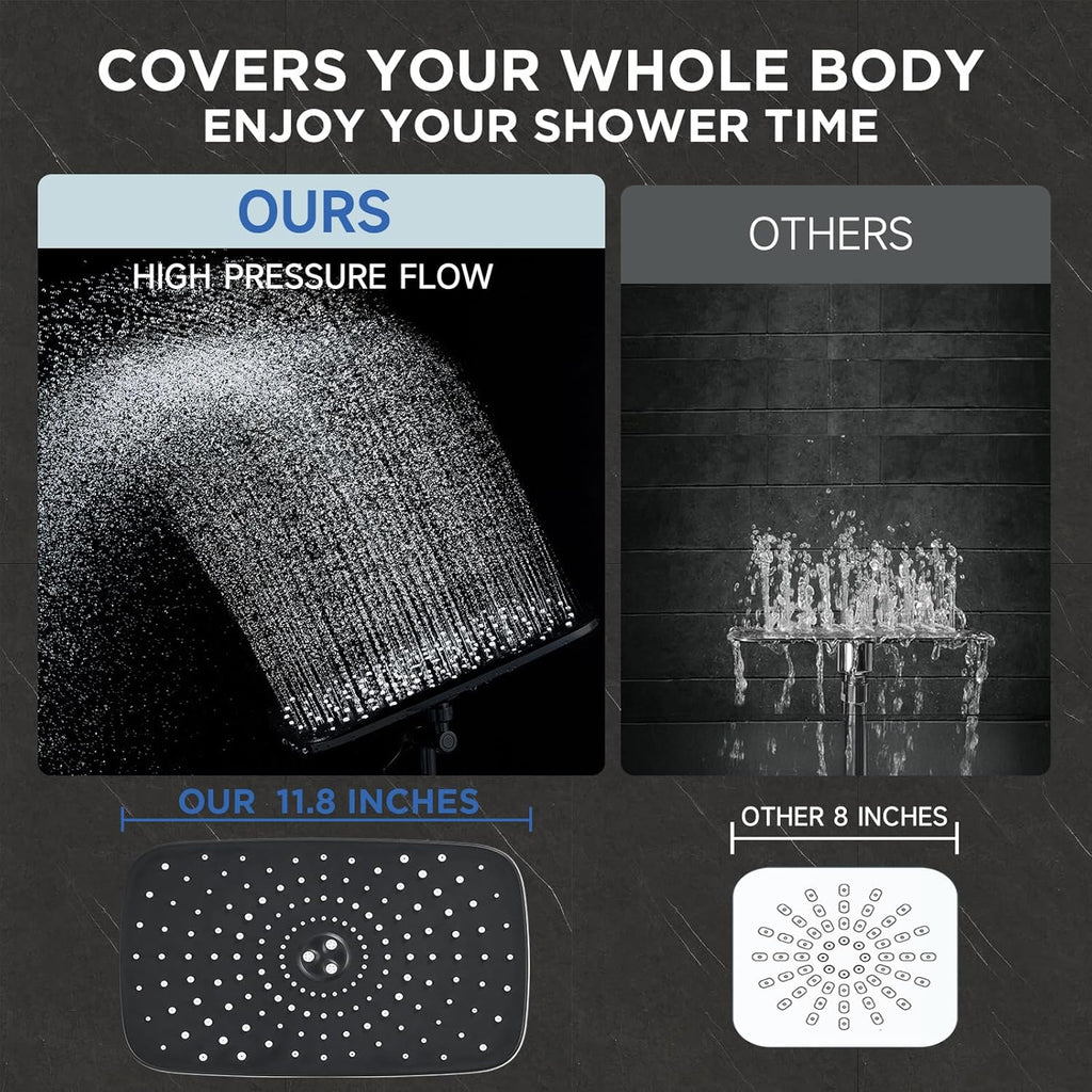 Veken Rain Shower Head - High Pressure Handheld Shower with Multi Spray Modes | 11.8" Matte Black
