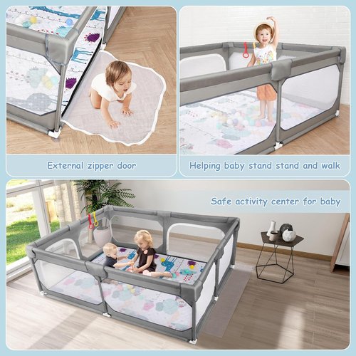 JINXIA Baby Playpen - Large 75" x 59" Soft Mesh Safety Yard for Indoor/Outdoor Fun - Grey