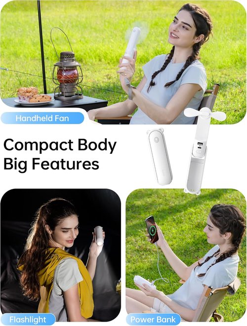 JISULIFE Handheld Fan 8 Plus - All-in-One Mini Fan with 37 Hours Cooling & 4500mAh Power Bank | Portable White Design for Travel & Makeup