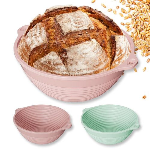 2-Pack All-in-One Silicone Bread Proofing Baskets for Sourdough, Foldable Proofing & Baking Bowls with Dual Handles & Built-In Reinforced Rim, Oven & Dishwasher Safe, BPA-Free (Green+Pink)