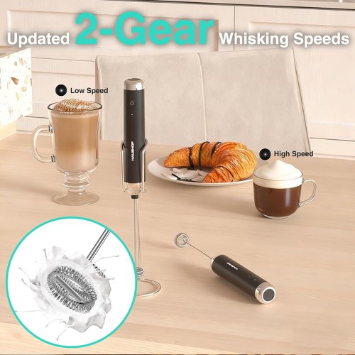 HAUSHOF Rechargeable Milk Frother Wand - Handheld Electric Foam Maker with Stand & 2 Whisks for Lattes & Cappuccinos