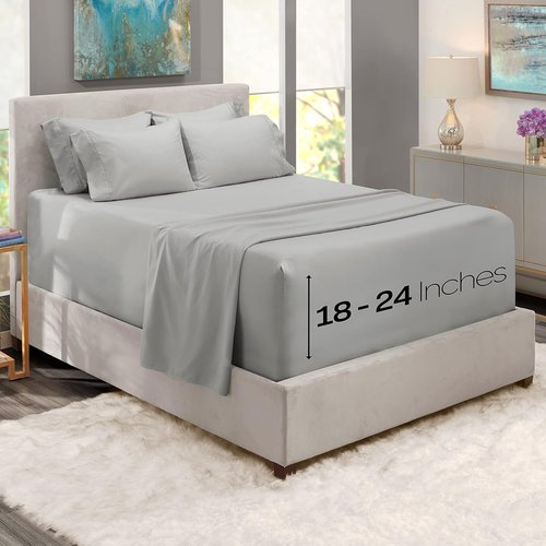 Hearth & Harbor Twin Extra Deep Pocket Sheet Set - Fits Mattresses 18-24 Inches Deep - Silver 4-Piece