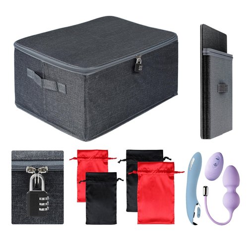 Locking Storage Box for Sex Toys | Portable Ditty Travel Box | Discreet Adult Toy Organizer Case with Combination Lock & Drawstring Bags (Dark Grey, 15" x 10" x 5.9" (38x26x15 cm))