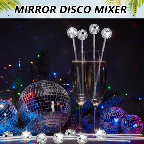Thyle 120 Pcs Disco Ball Drink Stirrers 7.7'' Glitter Lolipop Stick Plastic Round Top Swizzle Stick Mirror Ball Cocktail Stir Disposable for Last Disco Bachelorette New Year Eve(Glitter Style)