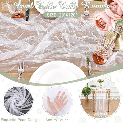 Pearl Gauze Table Runner Pack of 12 Tulle Fabric Lace Boho Sheer Dinner Runners 10ft Table Runners for Bridal Shower Birthday Party Wedding Arch Veil Dessert Desk Decorations