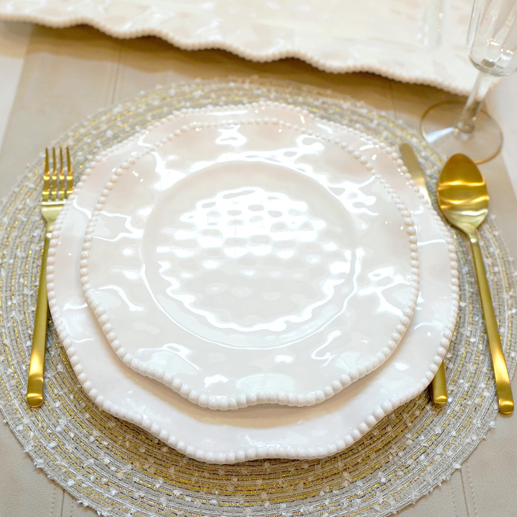 Perlette Off-White Beaded 12-Piece Dinnerware Set – Includes 4 Dinner Plates, 4 Salad Plates, 4 Bowls (7.5" x 2", 22 oz) – Elegant Unbreakable Melamine, Heavyweight, Perfect for Indoor/Outdoor Dining