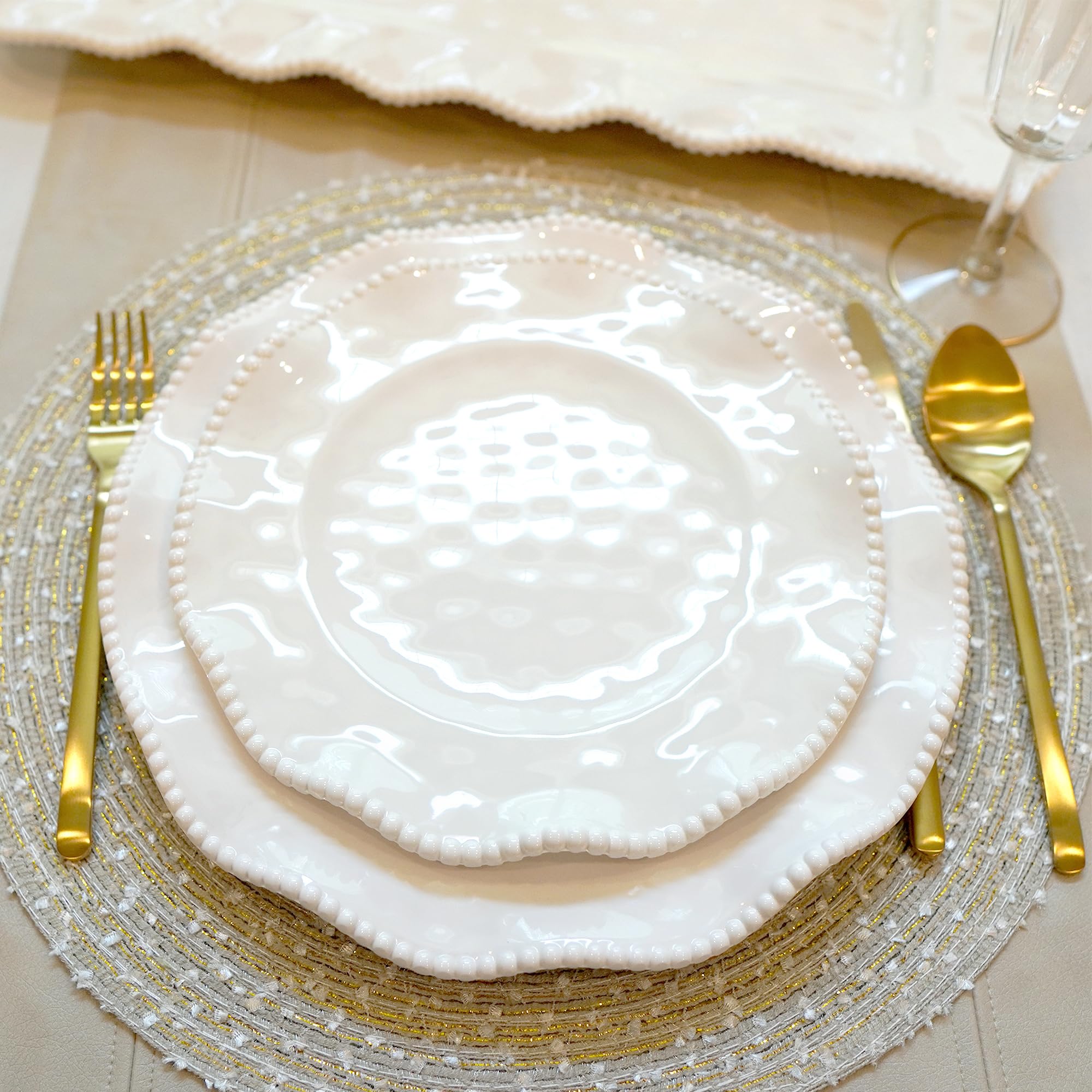 Perlette Off-White Beaded 12-Piece Dinnerware Set – Includes 4 Dinner Plates, 4 Salad Plates, 4 Bowls (7.5" x 2", 22 oz) – Elegant Unbreakable Melamine, Heavyweight, Perfect for Indoor/Outdoor Dining