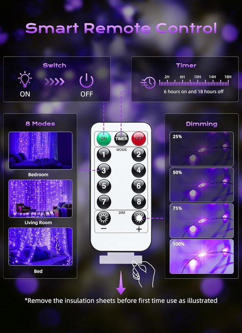 Brightown 300 LED Purple Fairy Curtain Lights - 9.8ft x 9.8ft String Lights with Remote & 8 Modes for Indoor/Outdoor Use