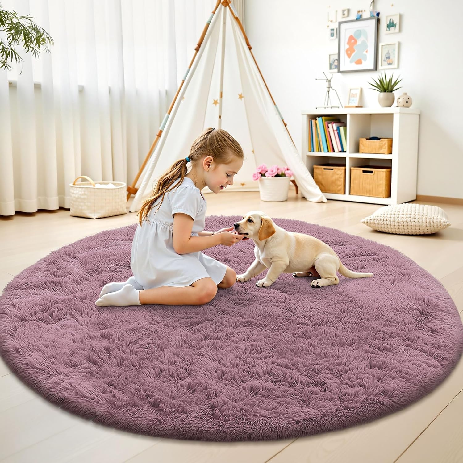 OLANLY Blush Round Area Rug - Soft, Fluffy, Machine Washable 6 ft Circle Carpet for Bedroom & Nursery Decor