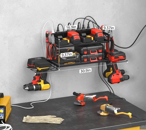 CCCEI Garage Tool Storage - Power Tool Battery Organizer with Charging Station & Wall Mount Rack, Black