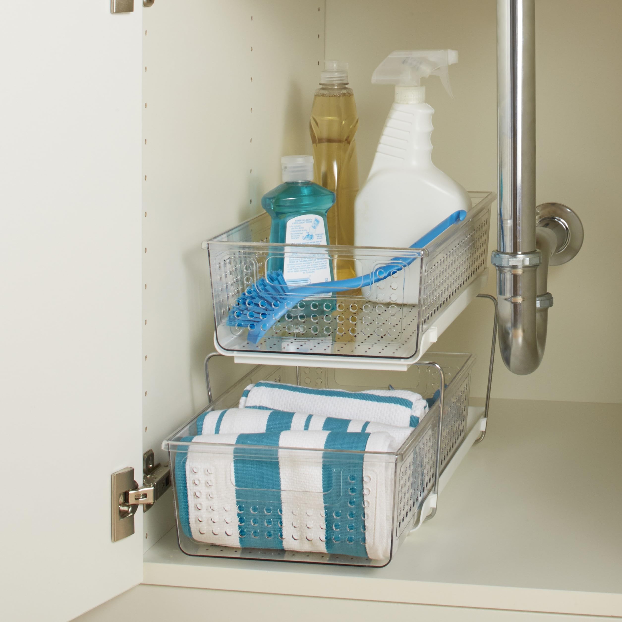 madesmart 2 Tier Organizer, Under Cabinet Storage with Pull Out Sliding Drawers, for Cleaning Supplies, Undersink Storage, Sponges, Bottles & Bath, Adjustable Dividers & Pull Out Baskets, Clear