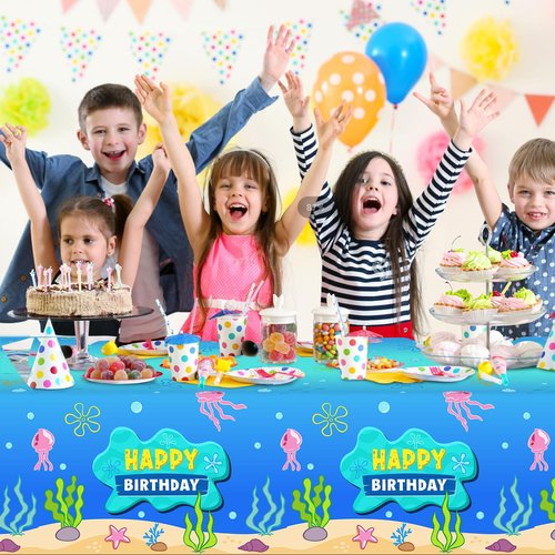 Denwiller 3 Pcs Blue Ocean Birthday Party Tablecloth Decorations, Disposable Happy Birthday Table Cover Blue Ocean Jellyfish Seaweed Tablecloth for Rectangle Table Baby Shower Party Supplies, 108x54”