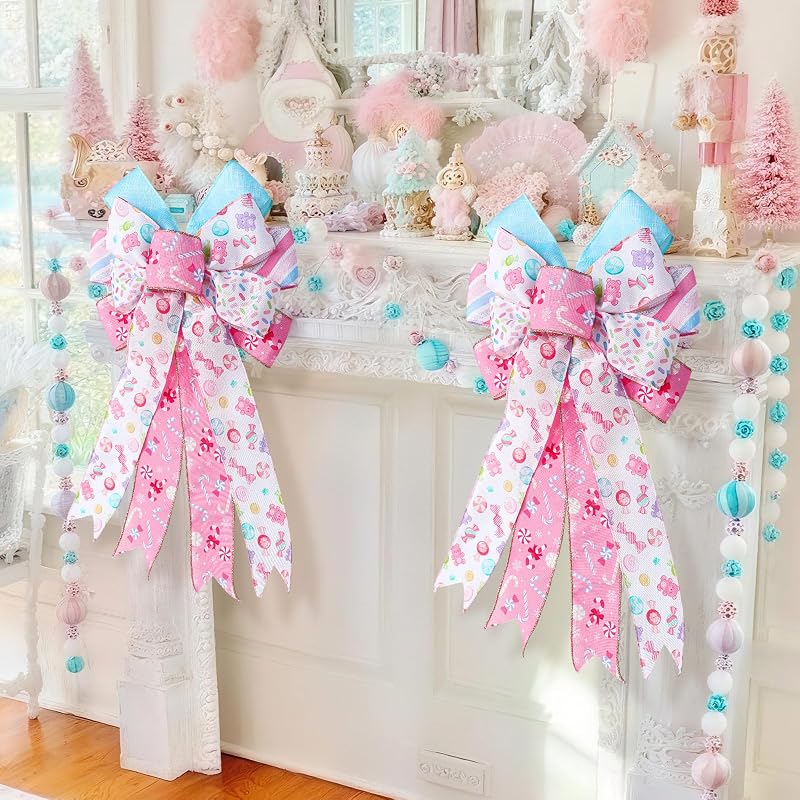 Pastel Candy Christmas Tree Topper Bows, 2 Pack 28x50 cm Pink & White