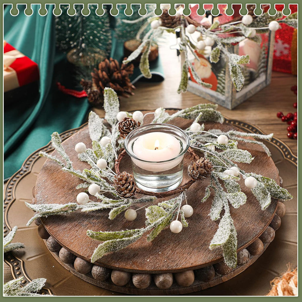 Skiennix Christmas Pillar Candle Rings - Frosted Mistletoe Wreaths with Pearl Accents | Set of 6 for Holiday Decor