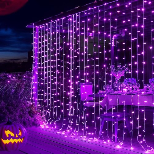 Dazzle Bright 300 LED Christmas Curtain String Lights - Waterproof Purple Fairy Lights with 8 Modes