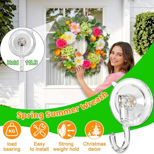 HEYHOUSE Wreath Hangers - Clear Suction Cup Hooks for Front Door & Window | Removable & Reusable, 4 Pack