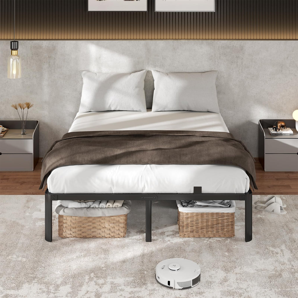 Metal Bed Frame Queen Size, 14 Inch 3500 lbs Heavy Duty Platform Bed Frames Steel Slats Noise Free No Box Spring Needed, Easy Assemble Sturdy Bedframe with Storage and Mattress Retainers