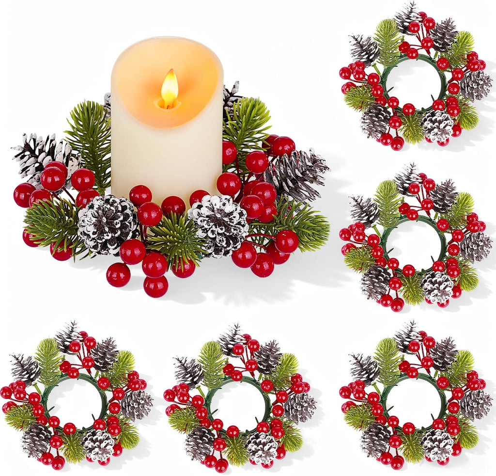 Skiennix Christmas Candle Rings - 6Pcs Artificial Pine Cones & Red Berries for Pillar Holders | Festive Table Centerpiece
