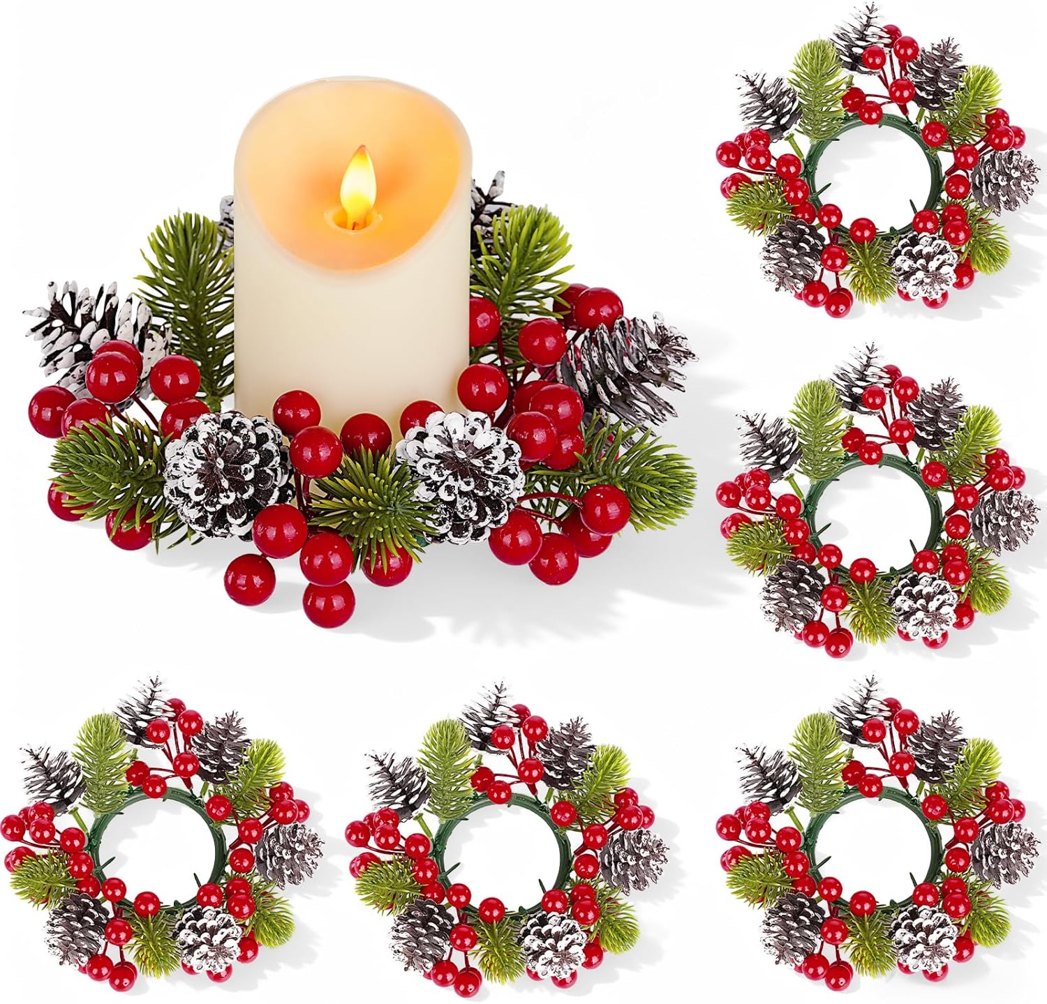 Skiennix Christmas Candle Rings - 6Pcs Artificial Pine Cones & Red Berries for Pillar Holders | Festive Table Centerpiece