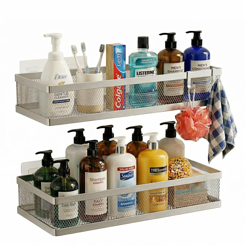 PUSDON Mesh Shower Caddy Wall Mount, Heavy Duty Adhesive Bathroom Shelf Organizer, Rustproof Floating Spice Rack for Kitchen Pantry, Holds 50 LBS, Multi-Purpose Storage Silver Gray -2 Packs (Netting)