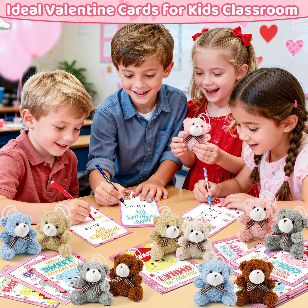 Jumlys Valentines Day Gifts for Kids, 24 Packs Valentines Day Cards with Stuffed Bear Toys, Valentine Day Party Favors for Boys Girls, Ideal Exchange Cards for Classroom
