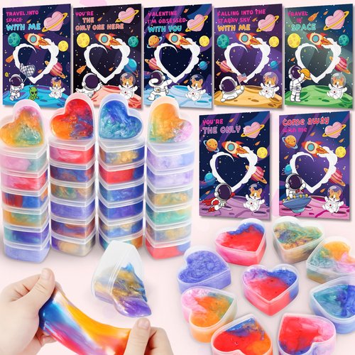 28 Pack Valentines Day Cards for Kids School - Galaxy Slime Stress Relief Fidget Toys, Perfect Classroom Exchange Gifts & School Party Favors, Kids Valentines Day Gifts for School Classroom