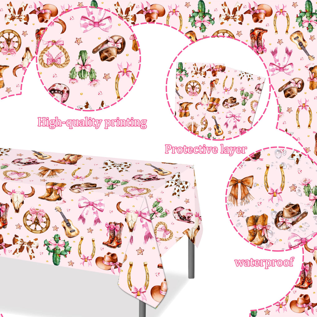 umoni Cowgirl Party Supplies Pink Western Cowgirl Tablecloth 2PCS Coquette Cowgirl Party Supplies Tablecover Disposable Wild West Guitar Bow and Boot Table Cover for Birthday Baby Shower Decor