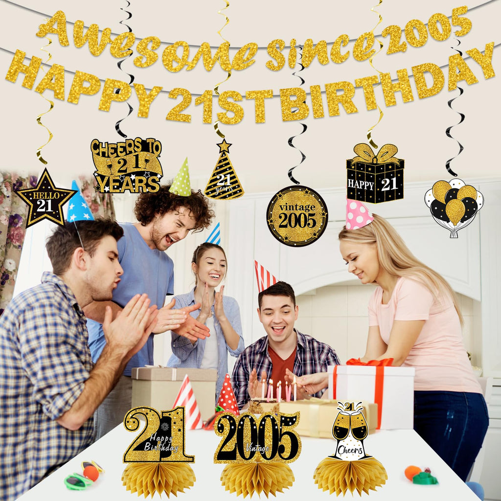 Kuxriox 11Pcs 21st Birthday Decorations Kit for Men Women, Black Gold Happy 21st Birthday Banner, Awesome Since 2005 Centerpieces Swirls Party Supplies, 21 Bday Banner Ceiling Table Topper Sign