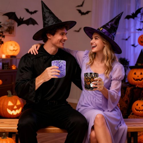 Kimburg 4 Pcs Halloween Icon Glass Cups, 16 oz Ghost, Bat, Wizard Hat, Cat Icon Juice Drinking Fall Glasses, Cute Glass Water Cups Coffee Tumblers Wine Glassware for Thanksgiving Birthday Party Gift