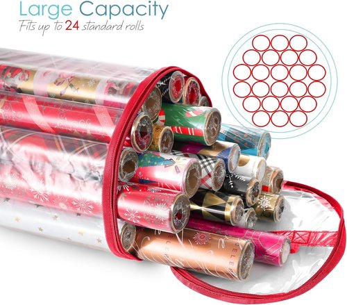 Hearth & Harbor Wrapping Paper Storage Container - Tear-Proof Organizer Holds Up to 14 Rolls - Clear Red Design