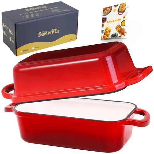 Articasting Cast Iron Bread Loaf Pan with Lid, 2 In 1 Loaf Pans for Baking Bread 9x5, Enameled Bread Pans for Homemade Bread, Sourdough, Even Heating Bread Dutch Oven, Red