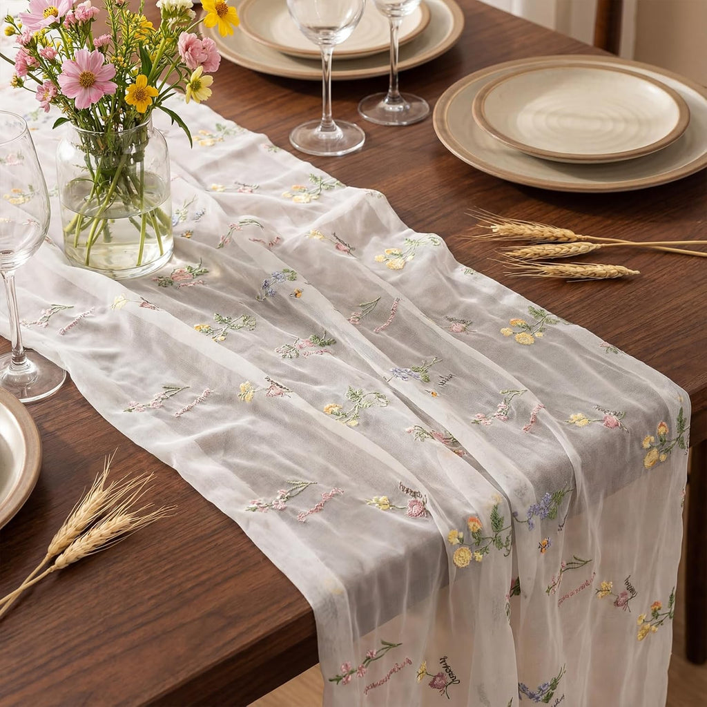 Remagr Floral Table Runner - 9.8 ft Embroidered Tulle for Home Decor, Weddings & Parties