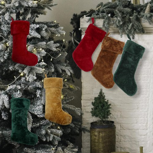 Hoosige 12 Pcs Christmas Stocking 18'' Bulk Thick Plush Fabric Hanging Christmas Stocking Decorations for Xmas Holiday Family Party Tree Fireplace Classic Ornaments (Red,Brown,Khaki,Dark Green)