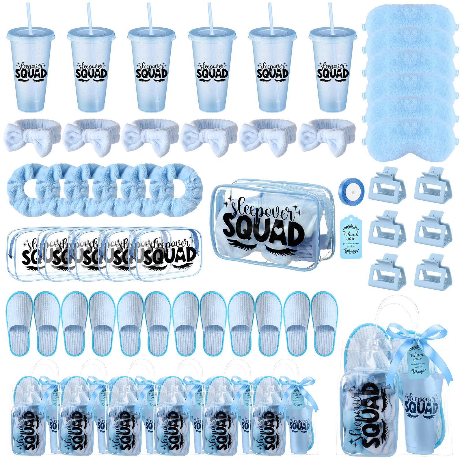 Acellegic 6 Sets Spa Sleepover Party Supplies 6 Pink Cups 6 Spa Headbands 6 Slippers 6 Eye Masks 6 Scrunchies 6 Hair Claws 6 Bags 6 Cosmetic Bag 6 Cards 1 Ribbon for Slumber Party(Blue)